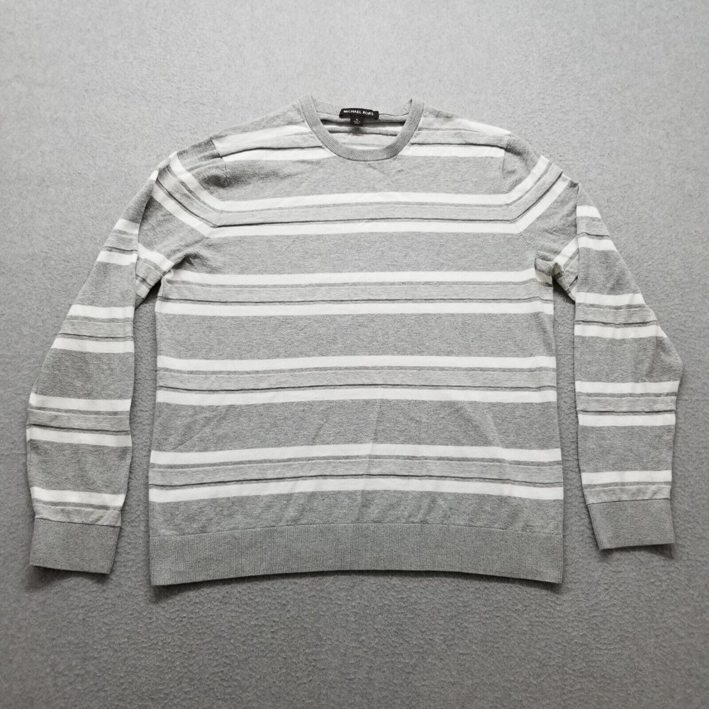 Michael Kors Sweater Mens XL Gray White Striped Long Sleeve Pullover Casual